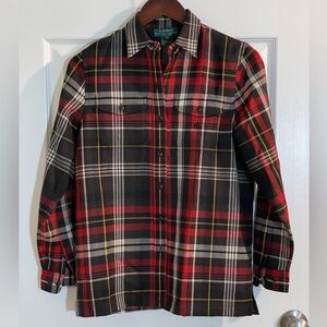 Vintage Lauren Ralph Lauren Petites Wool Plaid Button-Up Shirt Red Black Tartan
